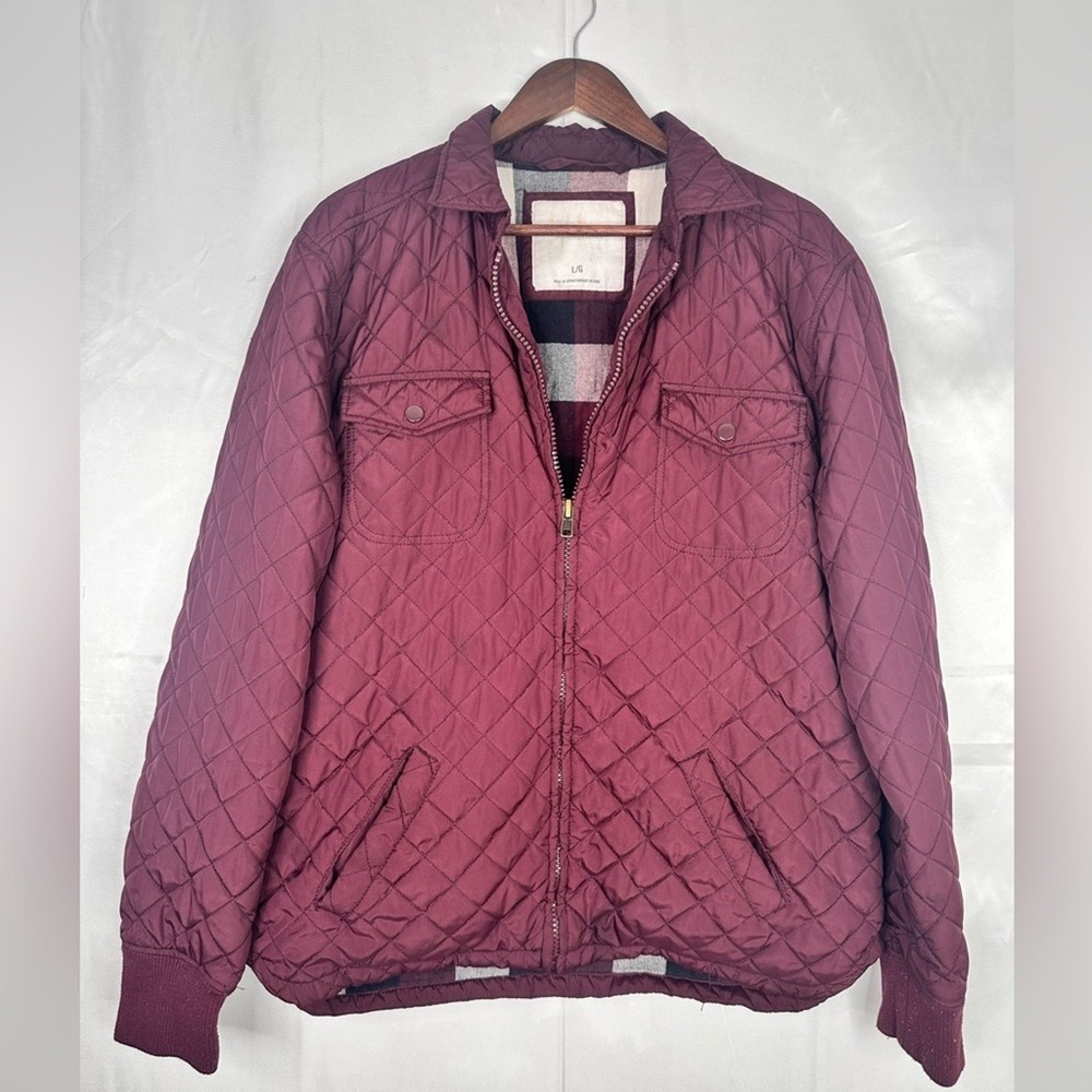 Aeropostale Mens Quilted Jacket Burgundy Plaid Lined Full Zip Coat Large